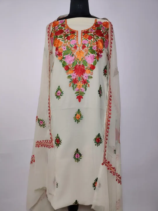 Tabsum White Kashmiri 3pc Suit in Georgette with Aari Embroidery