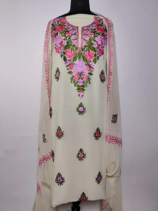 White Kashmiri 3pc Suit in Georgette with Aari Embroidery Hayat