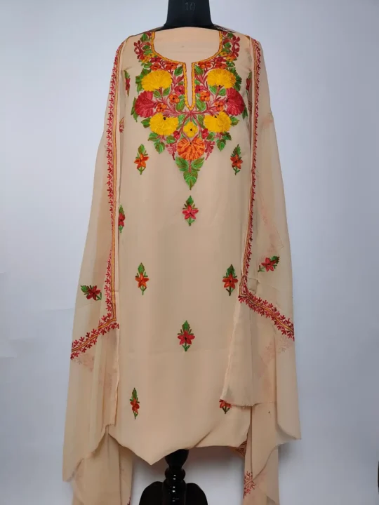 Baby Pink Kashmiri 3pc Suit in Georgette with Aari Embroidery - Gulbadan