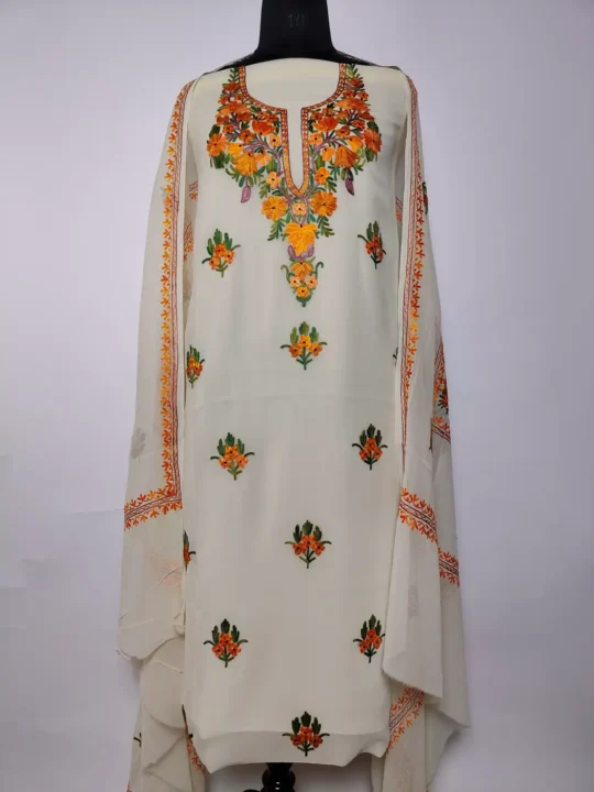 Nafees Kashmiri Cream 3pc Suit in Georgette with Aari Embroidery