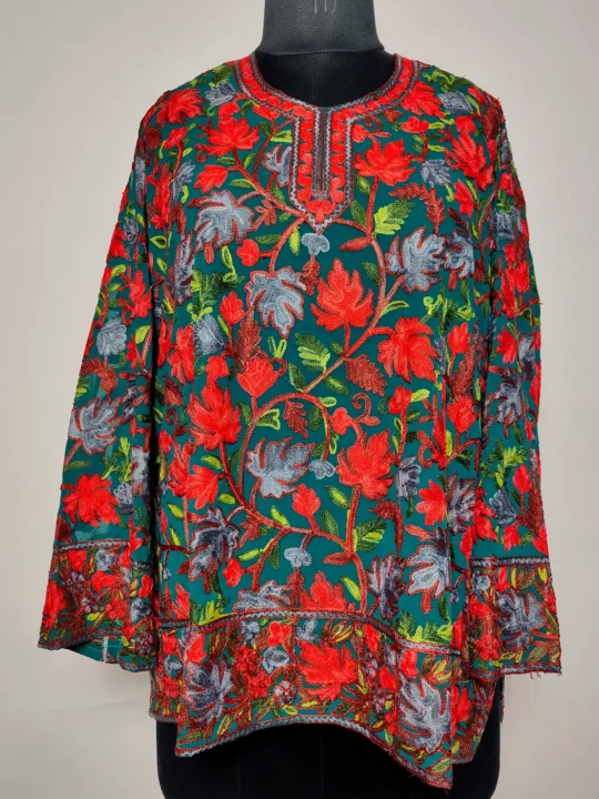 Green Sabeel Short Georgette Kurti with Chinar Aari Work