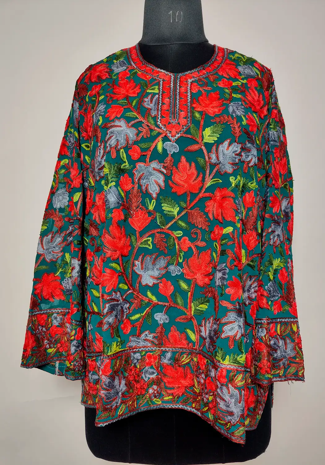 Green Sabeel Short Georgette Kurti with Chinar Aari Work