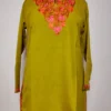 Olive Green Kashmiri Short Summer Cool Cotton Mahveen Kurti with Aari Embroidery