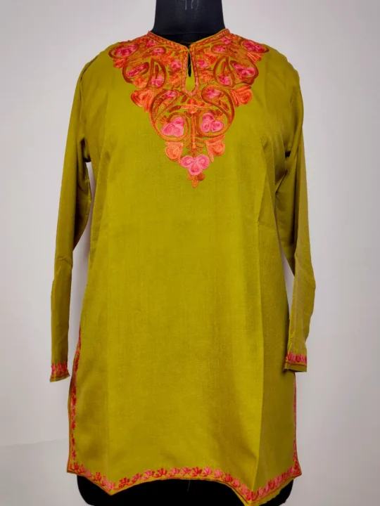 Olive Green Kashmiri Short Summer Cool Cotton Mahveen Kurti with Aari Embroidery