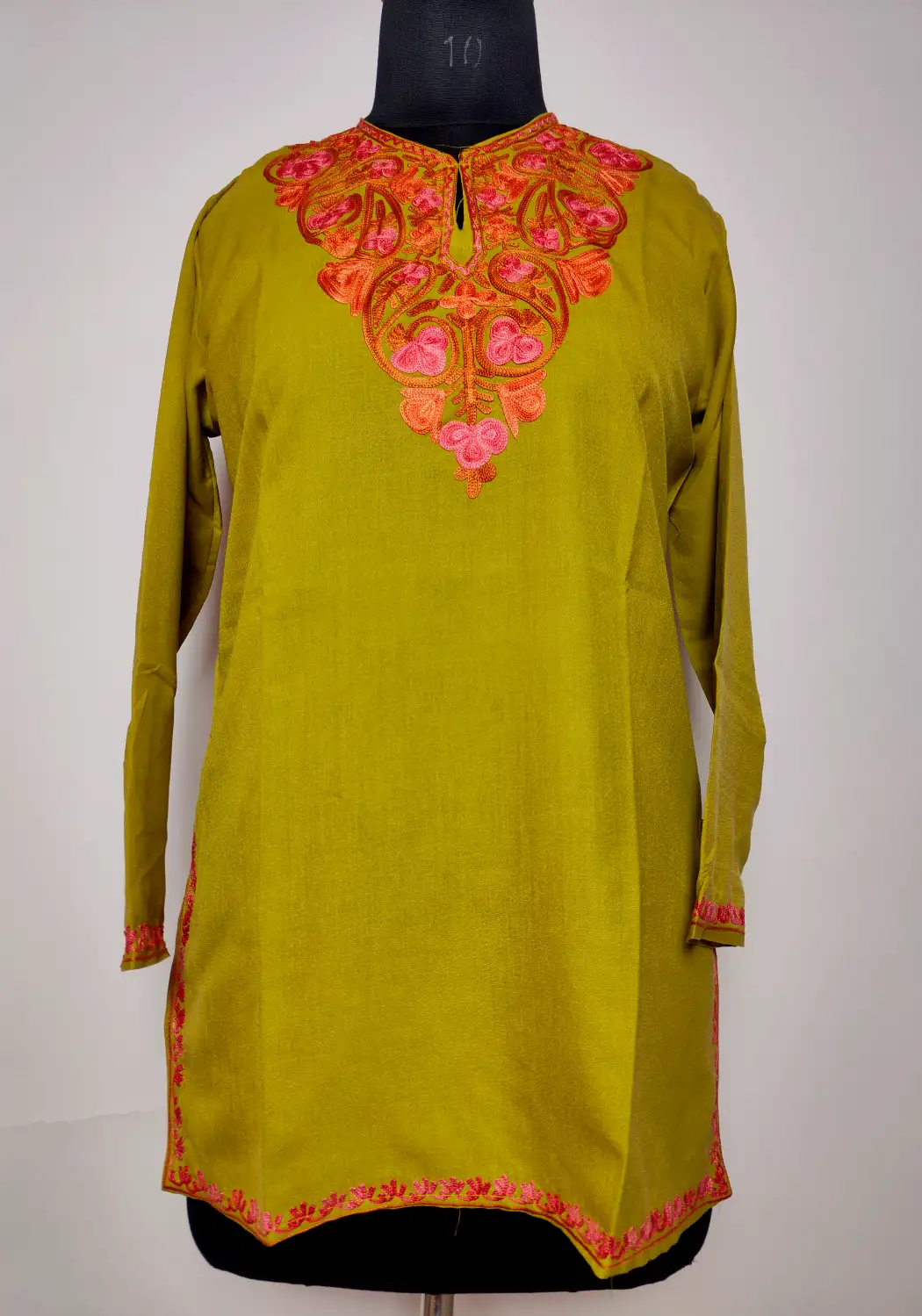 Olive Green Kashmiri Short Summer Cool Cotton Mahveen Kurti with Aari Embroidery