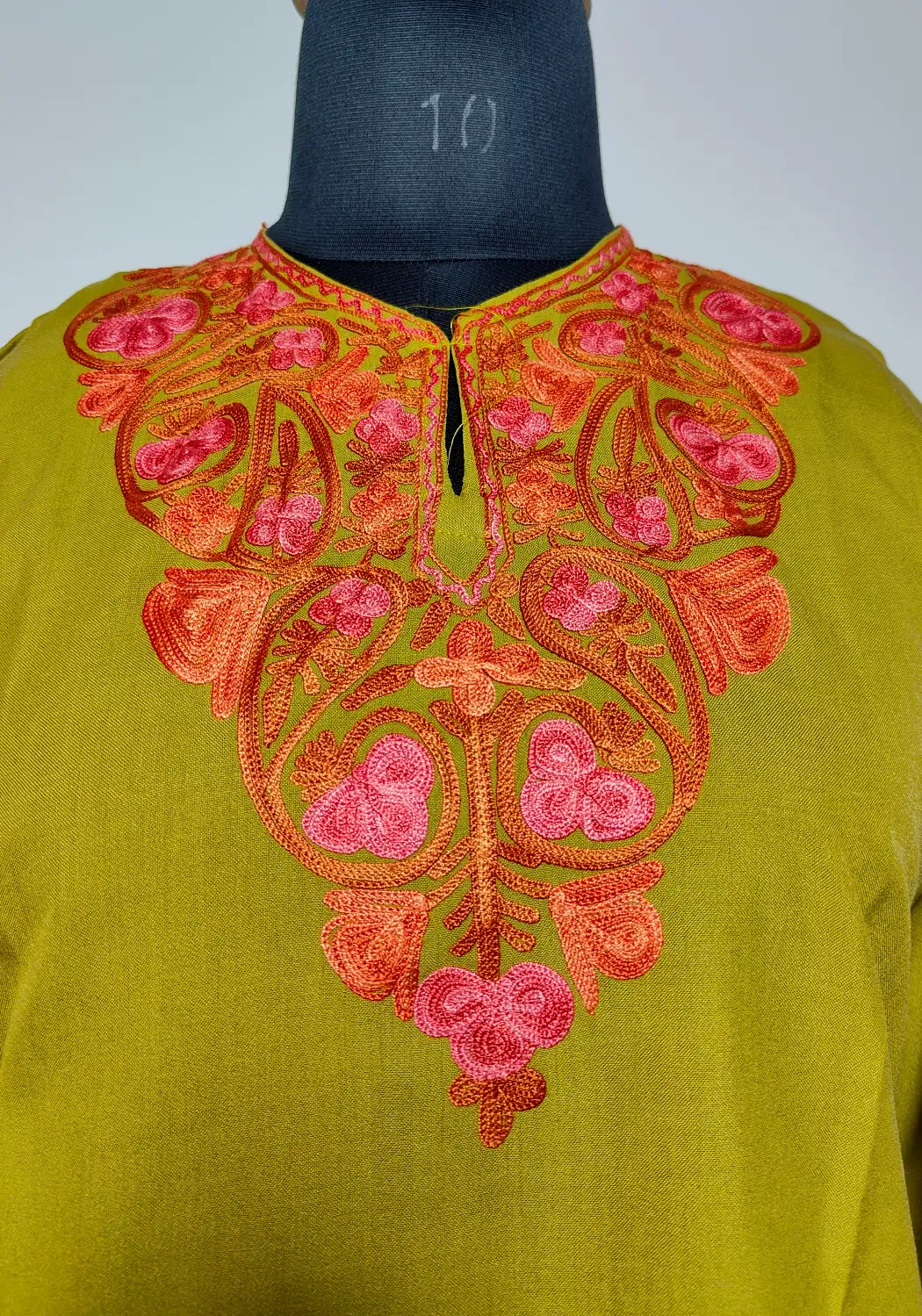 Olive Green Kashmiri Short Summer Cool Cotton Mahveen Kurti with Aari Embroidery - Image 2