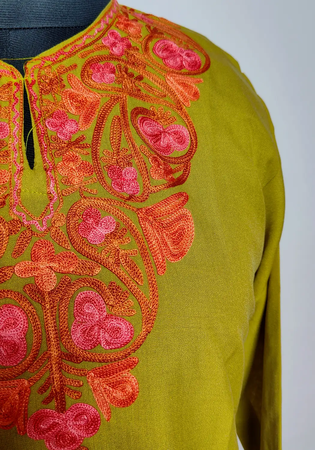 Olive Green Kashmiri Short Summer Cool Cotton Mahveen Kurti with Aari Embroidery - Image 3