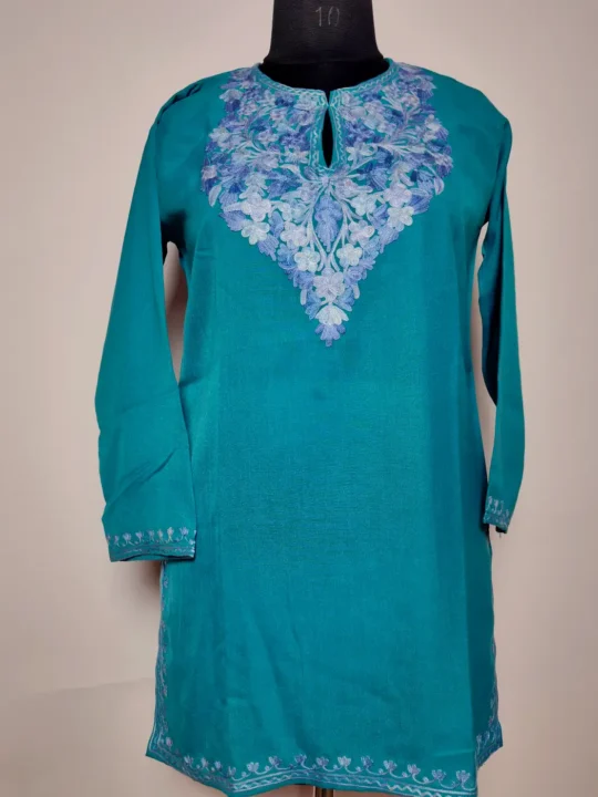 Blue Kashmiri Short Summer Cool Cotton Rukhsar Kurti with Aari Embroidery