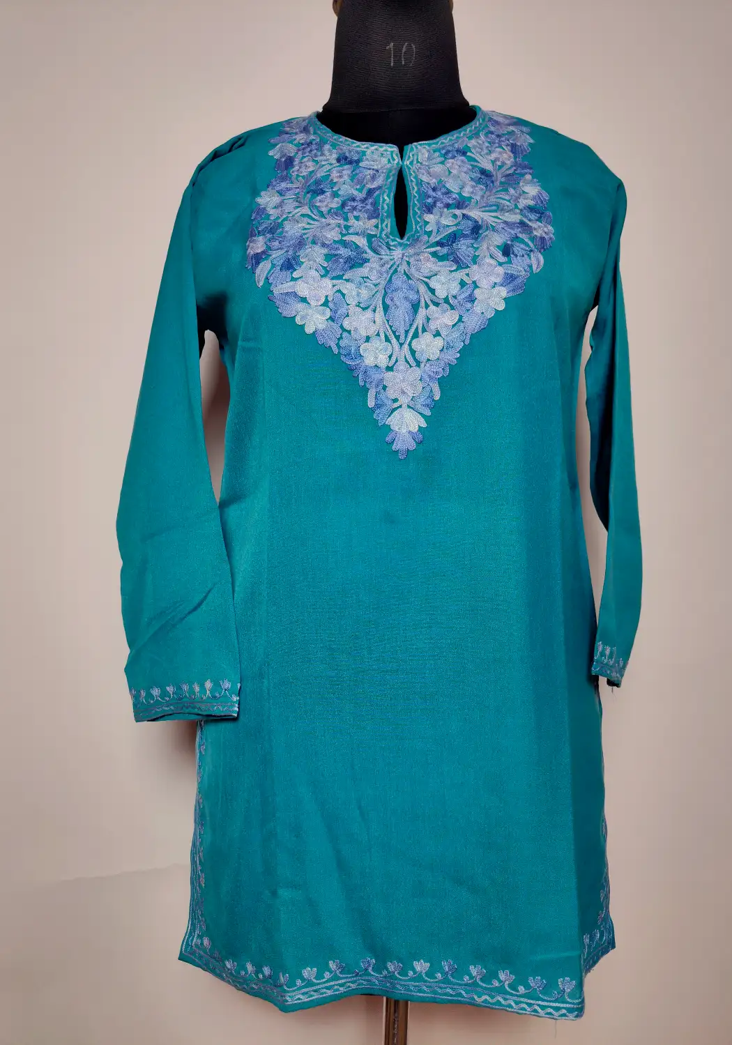 Blue Kashmiri Short Summer Cool Cotton Rukhsar Kurti with Aari Embroidery