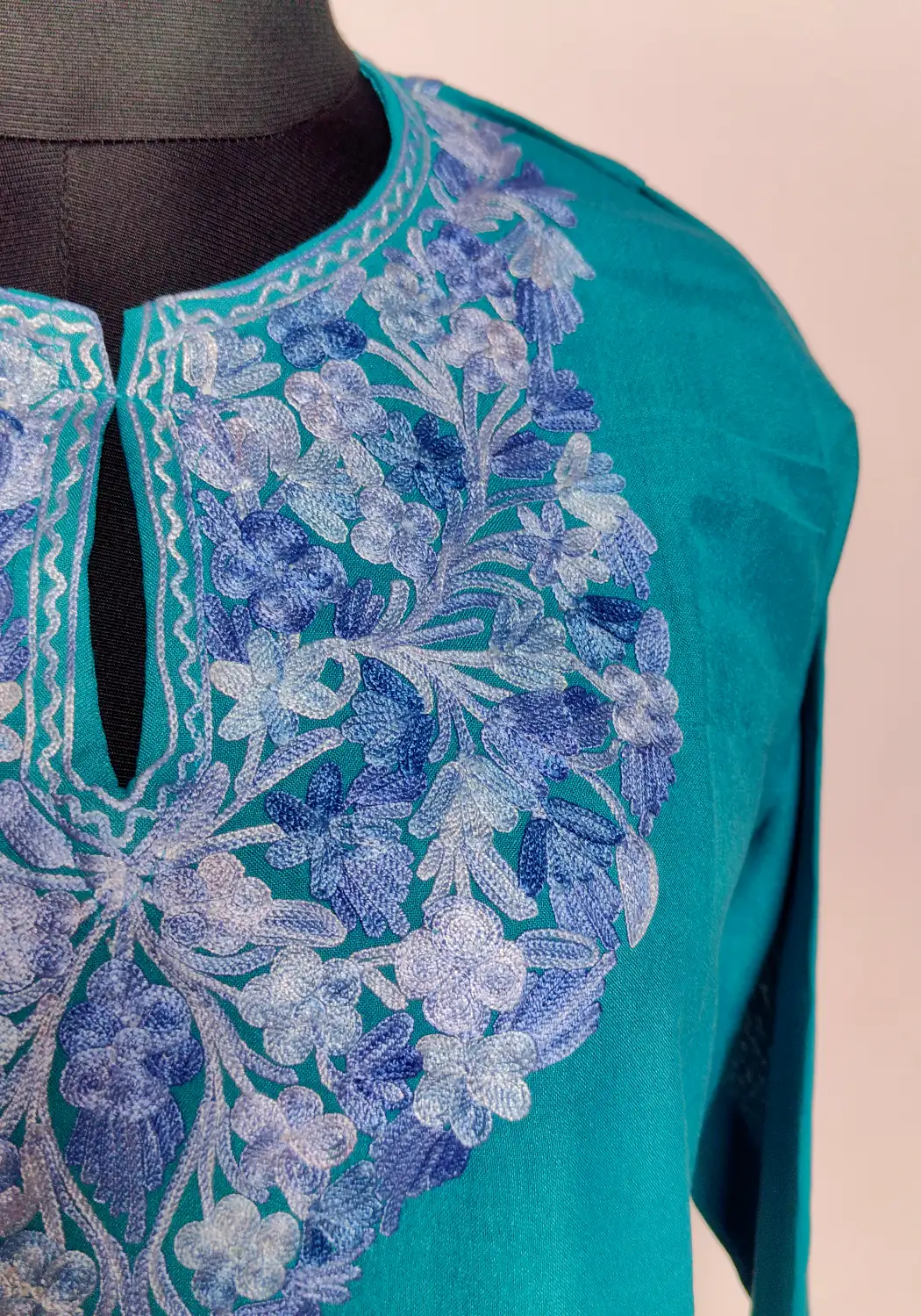 Blue Kashmiri Short Summer Cool Cotton Rukhsar Kurti with Aari Embroidery - Image 3
