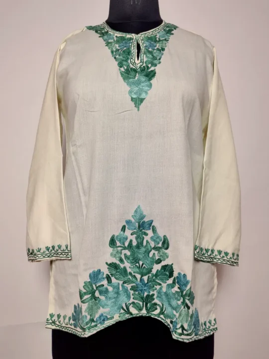 Tabassum Kashmiri Short Summer Cool Cotton Cream Kurti with Aari Embroidery