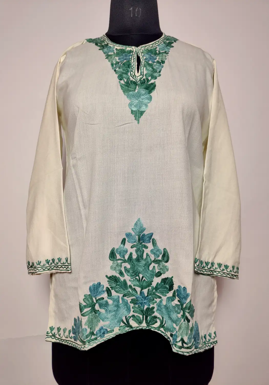 Tabassum Kashmiri Short Summer Cool Cotton Cream Kurti with Aari Embroidery