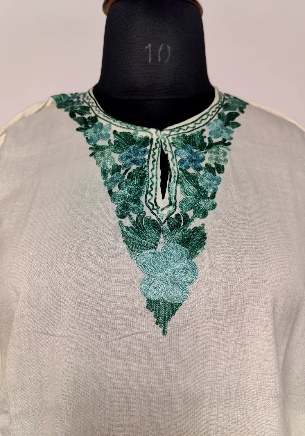 Tabassum Kashmiri Short Summer Cool Cotton Cream Kurti with Aari Embroidery - Image 2