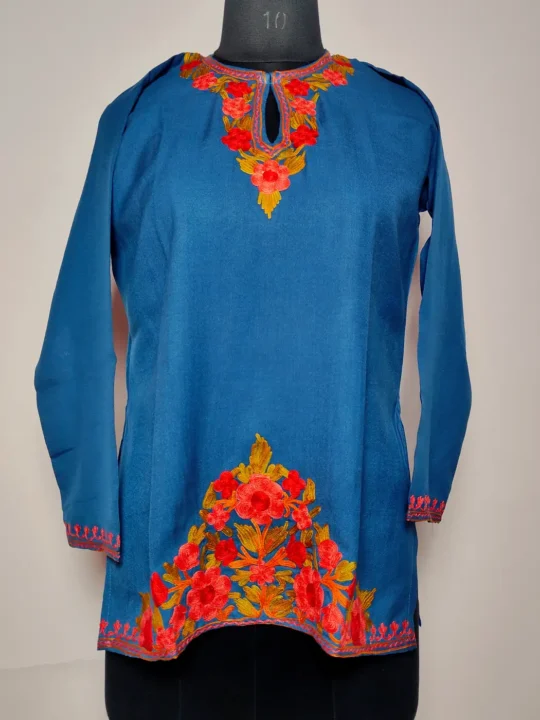 Kashmiri Blue Short Summer Cool Cotton Kurti with Aari Embroidery Huma