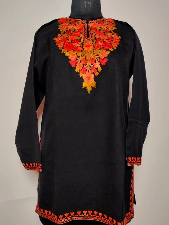 Naureen Kashmiri Short Summer Cool Cotton Black Kurti with Aari Embroidery