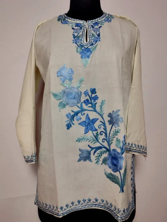 Cream Farheen Kashmiri Short Summer Cool Cotton Kurti with Aari Embroidery