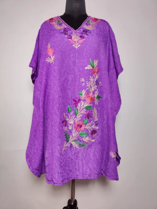 Purple Short Crush Cotton Nizam Kashmiri Kaftan with Aari Embroidery
