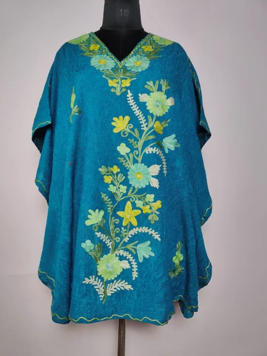 Short Crush Cotton Oceanic Green Kashmiri Kaftan with Aari Embroidery Adeelah
