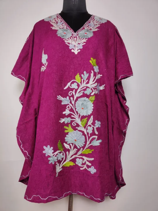 Kashmiri Short Crush Cotton Maroon Kaftan with Yuvarah Aari Embroidery