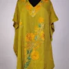 Golden Green Kashmiri Short Crush Cotton Kaftan Daniya with Aari Embroidery