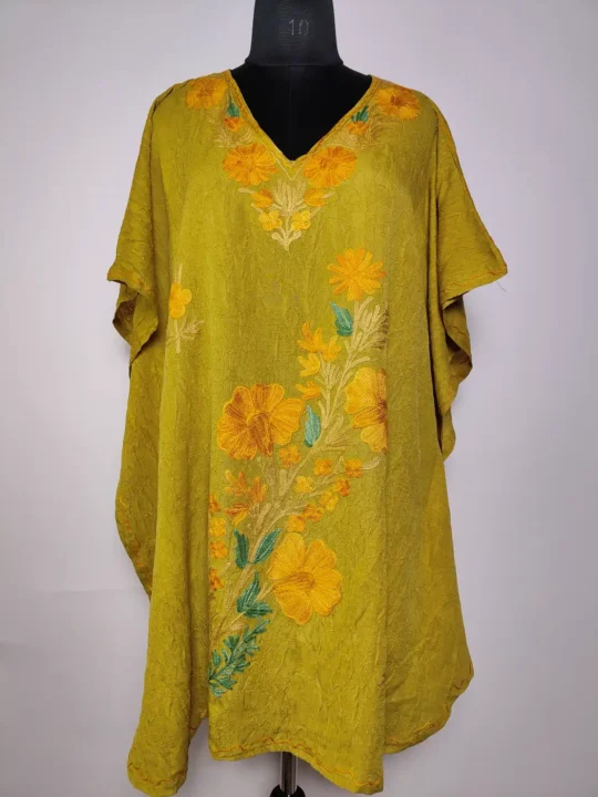 Golden Green Kashmiri Short Crush Cotton Kaftan Daniya with Aari Embroidery