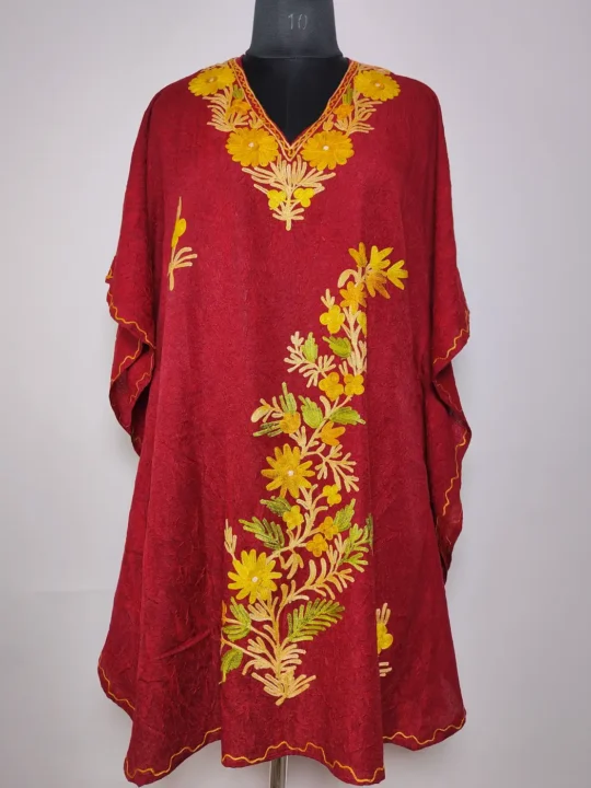 Suhana Maroon Kashmiri Short Crush Cotton Kaftan with Aari Embroidery