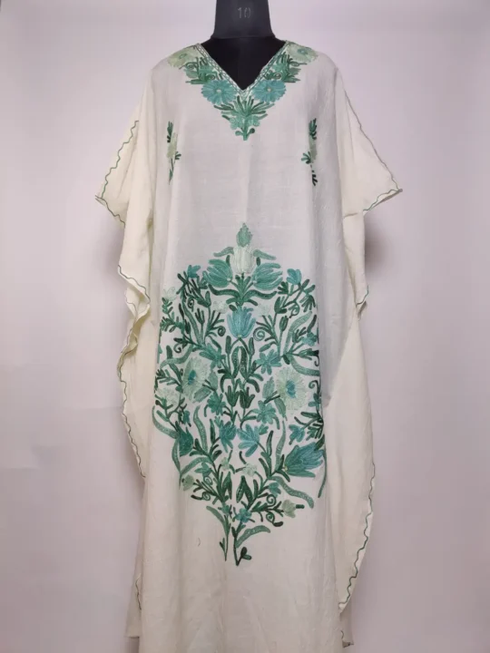 Jahan Kashmiri Long White Crush Cotton Kaftan with Aari Work