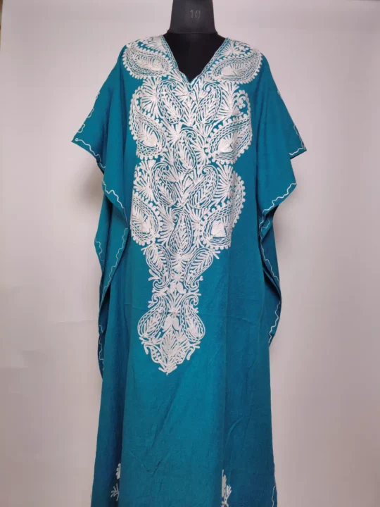 Ishfahan Kashmiri Long Teal Green Crush Cotton Kaftan with Aari Embroidery