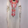 White Kashmiri Long Sahibah Crush Cotton Kaftan with Aari Embroidery