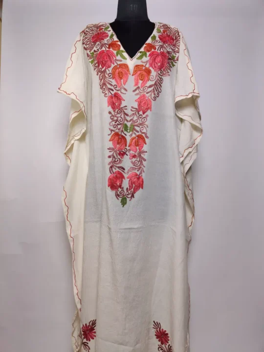 White Kashmiri Long Sahibah Crush Cotton Kaftan with Aari Embroidery