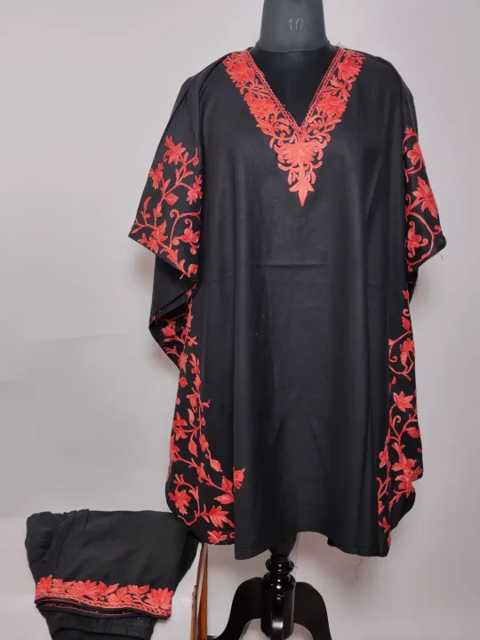 Black Cotton Kaftan Set with Aari Embroidery Aahat