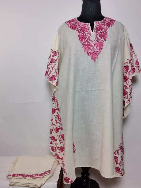 Farosh White Cotton Kaftan Set with Aari Embroidery