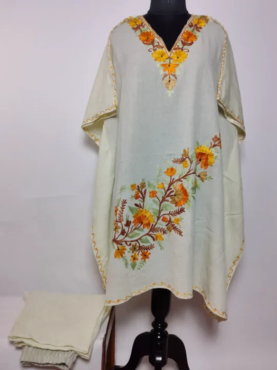 White Crush Cotton Kaftan Set from Kashmir with Trouser