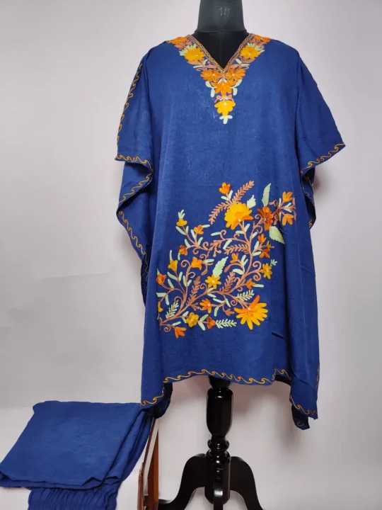 Arbah Dark Blue Crush Cotton Kaftan Set with Aari Embroidery