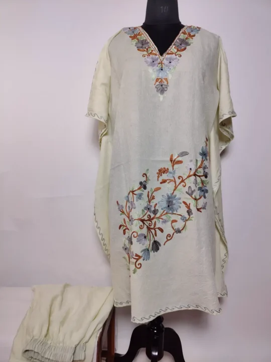 Cream Crush Cotton Kaftan Set with Aari Embroidery Hisab