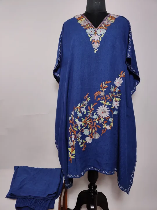 Dark Blue Crush Cotton Kaftan Set with Hanzala Aari Embroidery