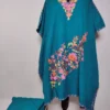 Oceanic Green Crush Cotton Ruhela Kaftan Set with Aari Embroidery