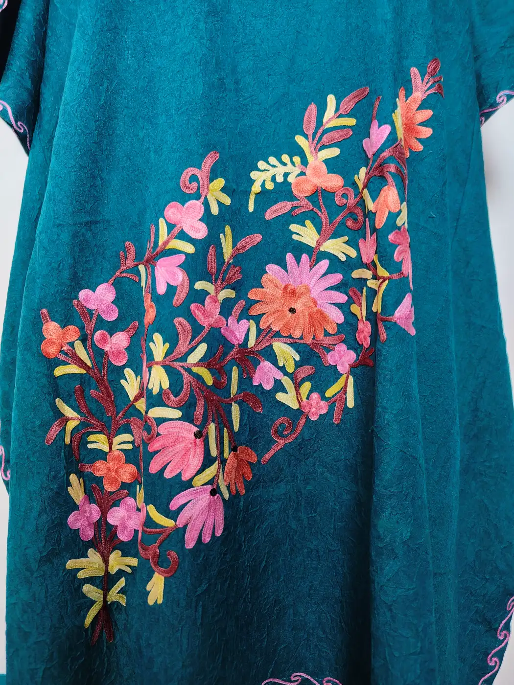 Oceanic Green Crush Cotton Ruhela Kaftan Set with Aari Embroidery - Image 4