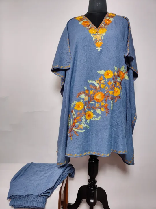 Dark Grey Crush Cotton Kaftan Set with Aari Embroidery Shadab