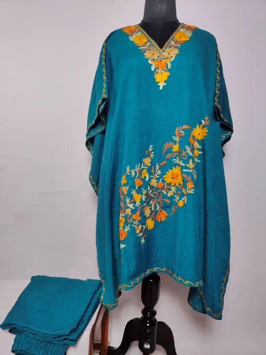 Crush Cotton Oceanic Green Kaftan Set with Aari Embroidery