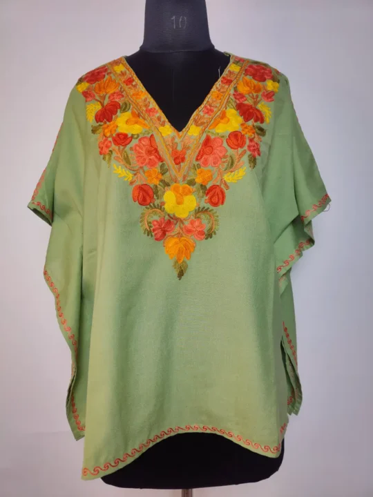 Tea Green Kashmiri Mini Kaftan | Crop Top With Ariwork