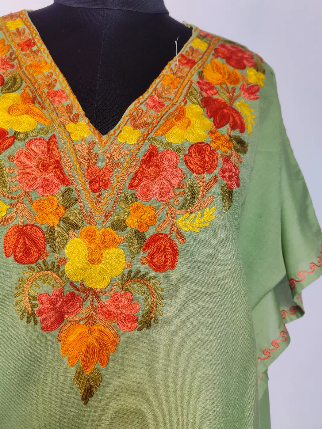 Tea Green Kashmiri Mini Kaftan | Crop Top With Ariwork - Image 2