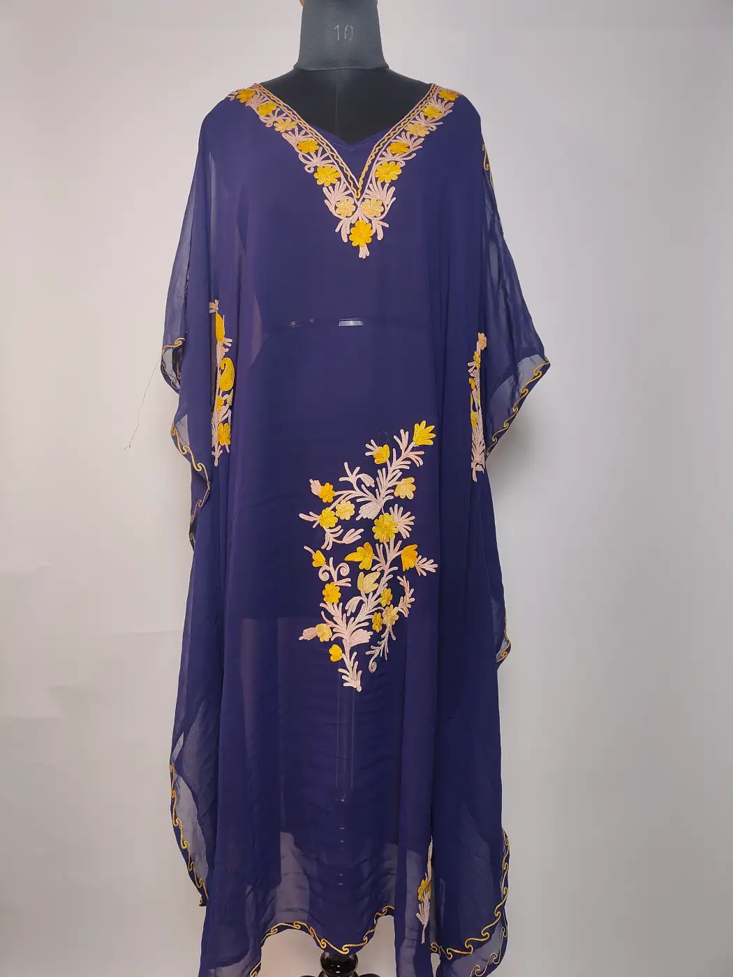 Long Dark Blue Dilkash Georgette Kaftan with Aari Embroidery