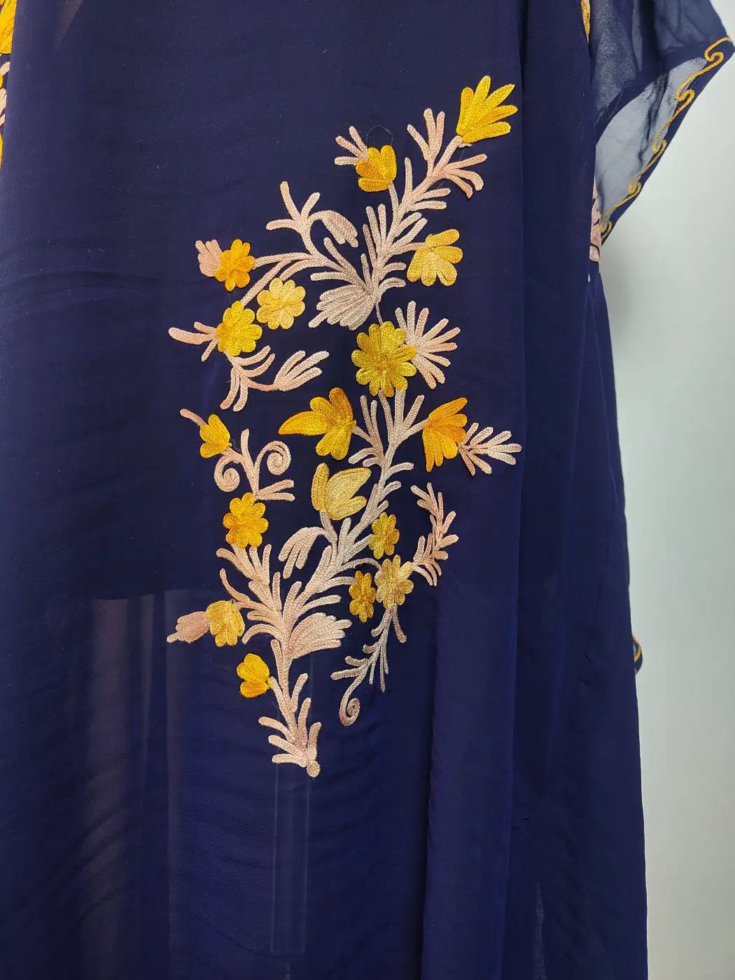 Long Dark Blue Dilkash Georgette Kaftan with Aari Embroidery - Image 3