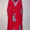 Red Long Hafizah Georgette Kaftan with Aari Embroidery