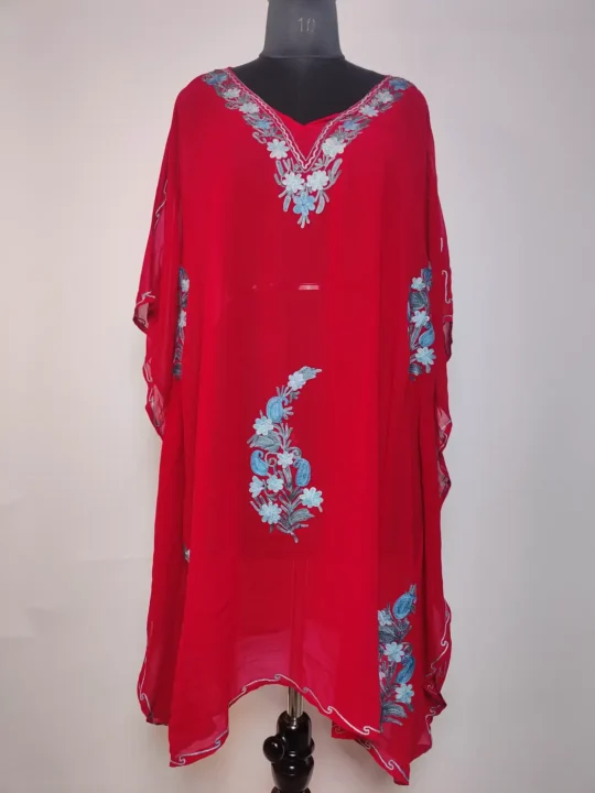 Red Long Hafizah Georgette Kaftan with Aari Embroidery