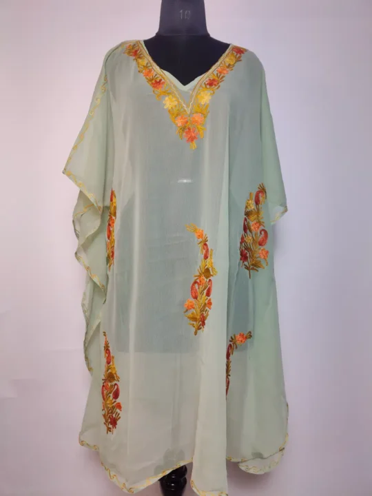 Kashmiri Tea Green Georgette Kaftan with Aari Embroidery | Shahidah