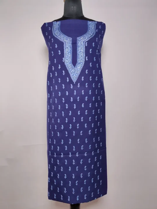 Kashmiri Feham 2pc Suit in Dark Blue Summer Cool Cotton with Hand Aari Embroidery