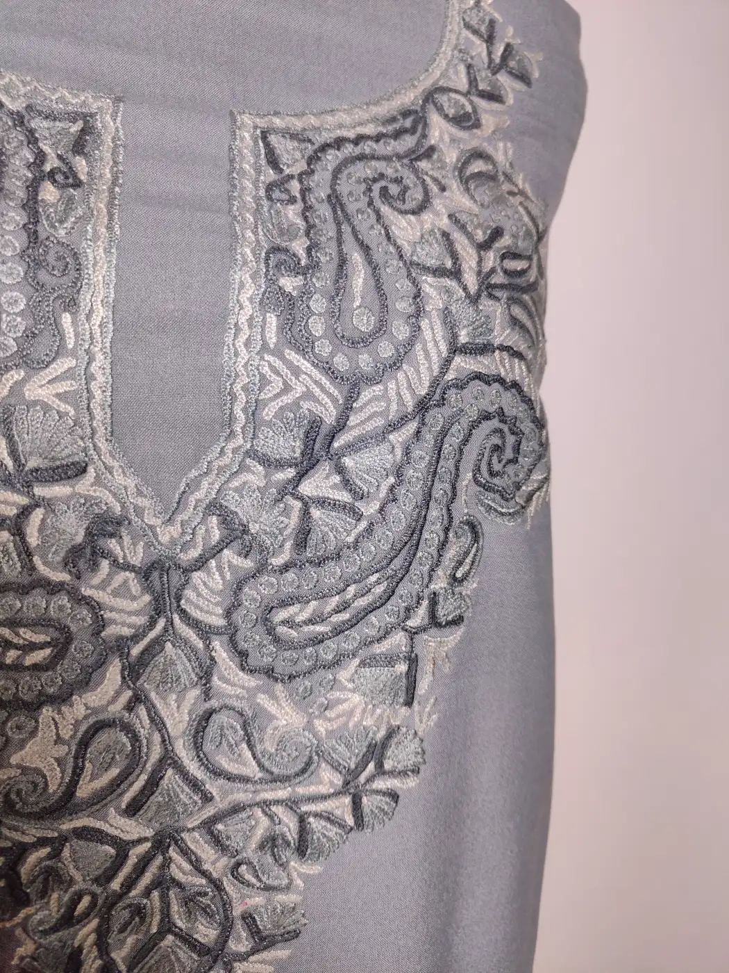 Kashmiri 2pc Suit in Grey Summer Cool Cotton with Hand Aari Embroidery - Aroosh - Image 3