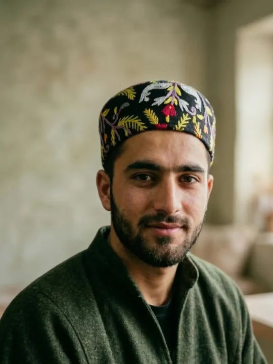 Classic Kashmiri Cap in Black with Aasan Hand Aari Embroidery